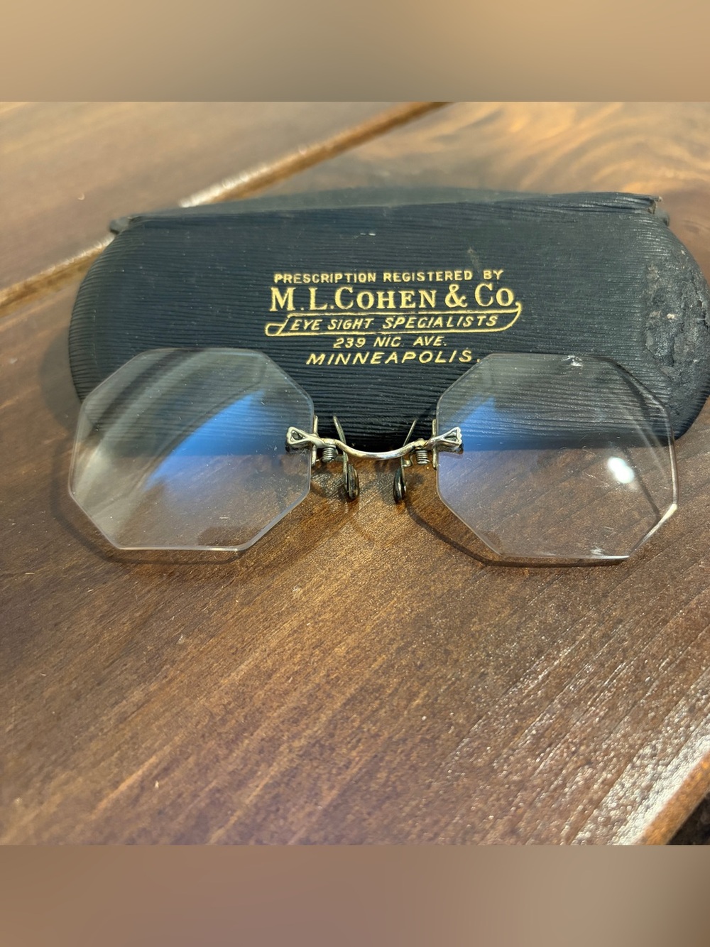 Antique Octagonal Eyeglasses Pince Nez style in case circa 1900